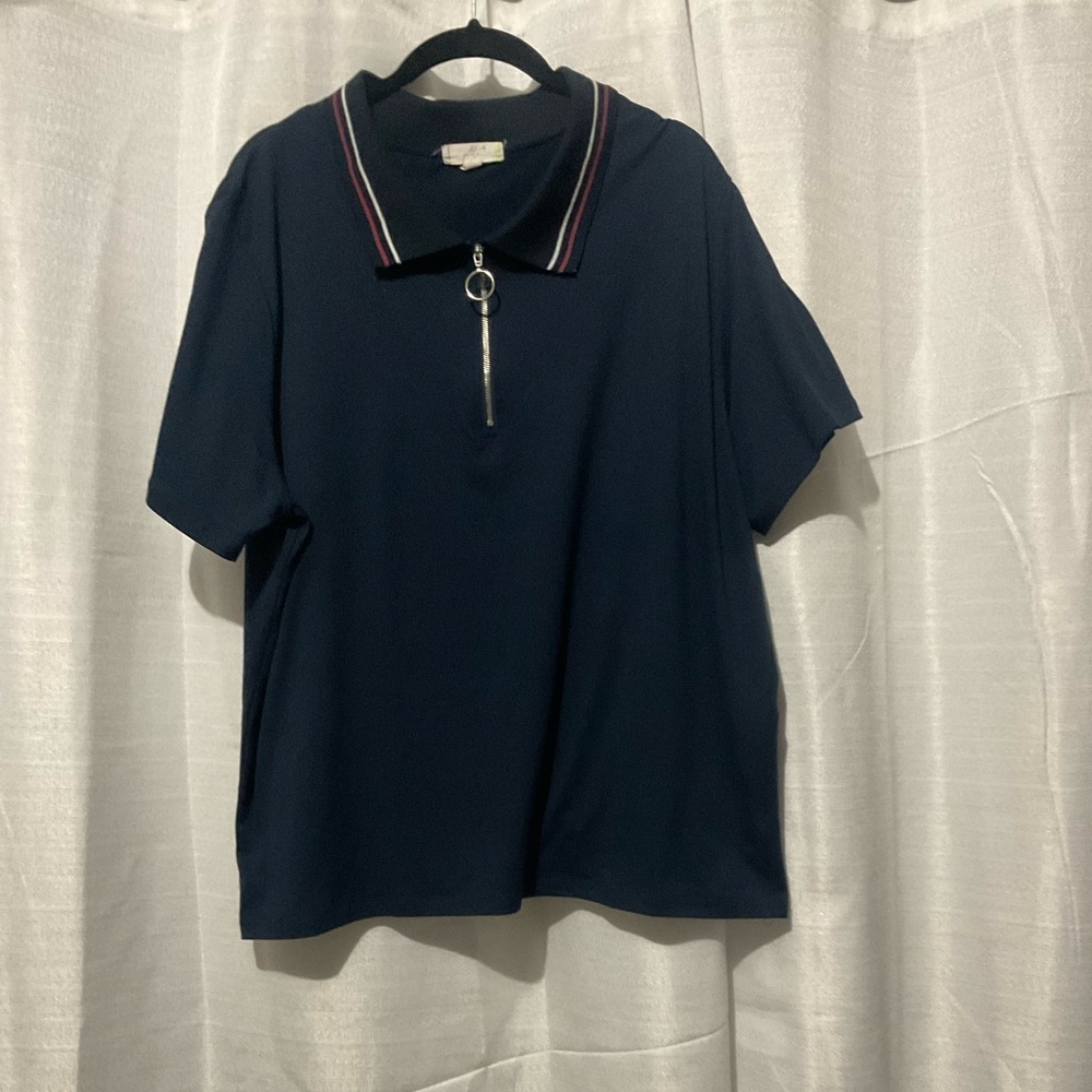 Glitz Navy Blue Quarter-Zip Polo Shirt - Ring Zipper Detail Striped Collar Sz3XL